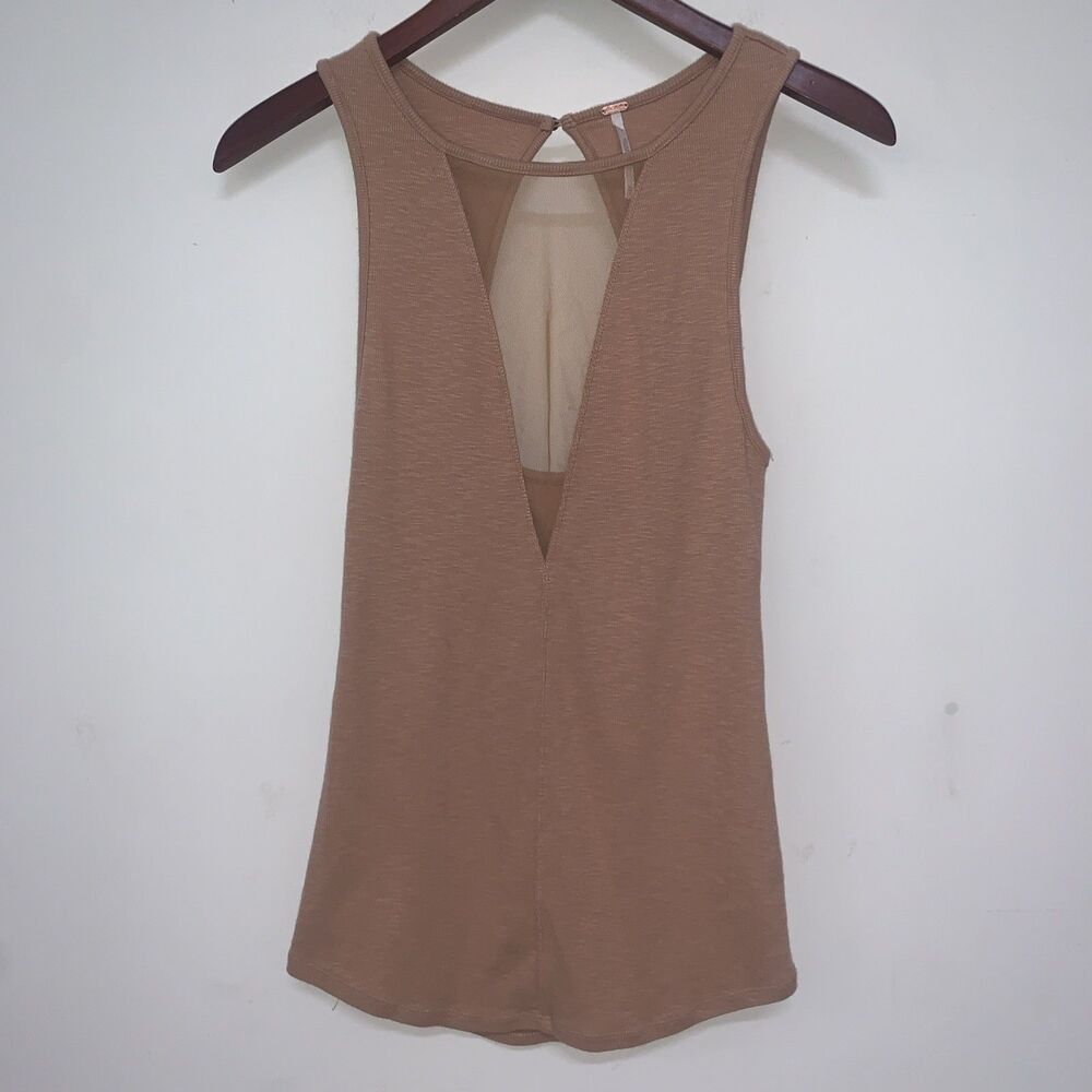 Free People Brown Cut-Out Mesh Detail Tank Top Deep V Boho Med  Open Back Resort